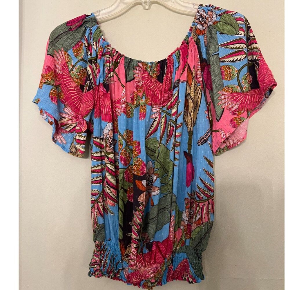 Rachel Roy Vibrant Print Off the Shoulder Top with Smocked Waist Size Large